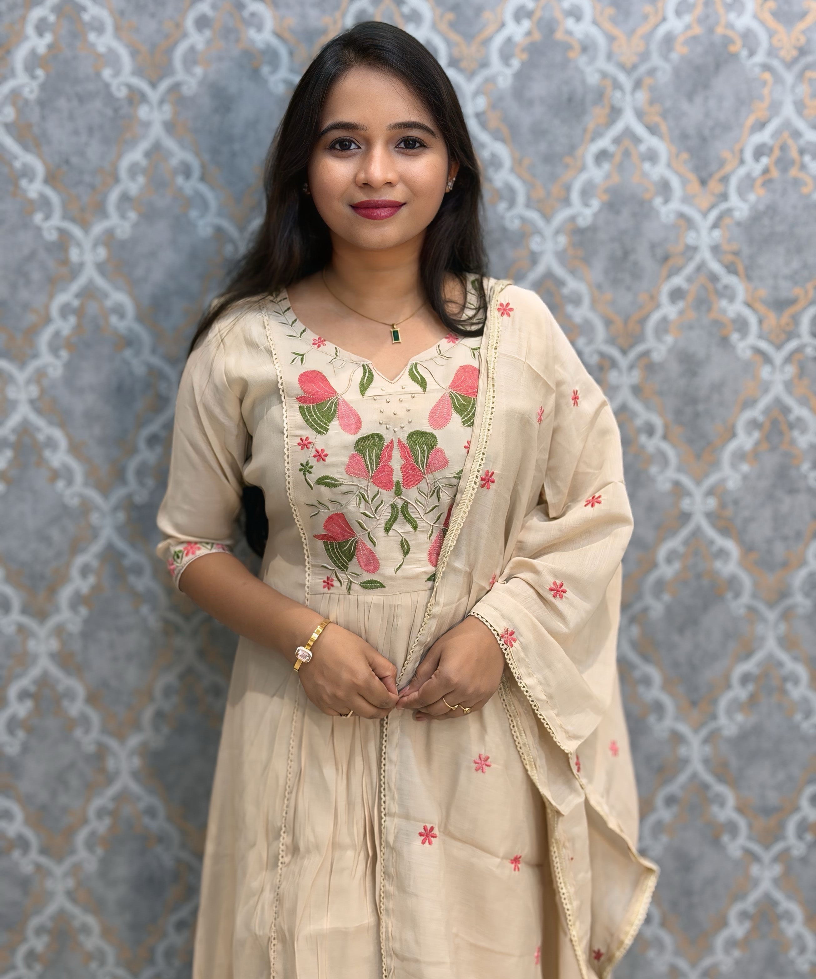 Cream Color Premium Mul Chanderi Silk Embroidery 3 Piece Salwar Set with Lining /  ESS414