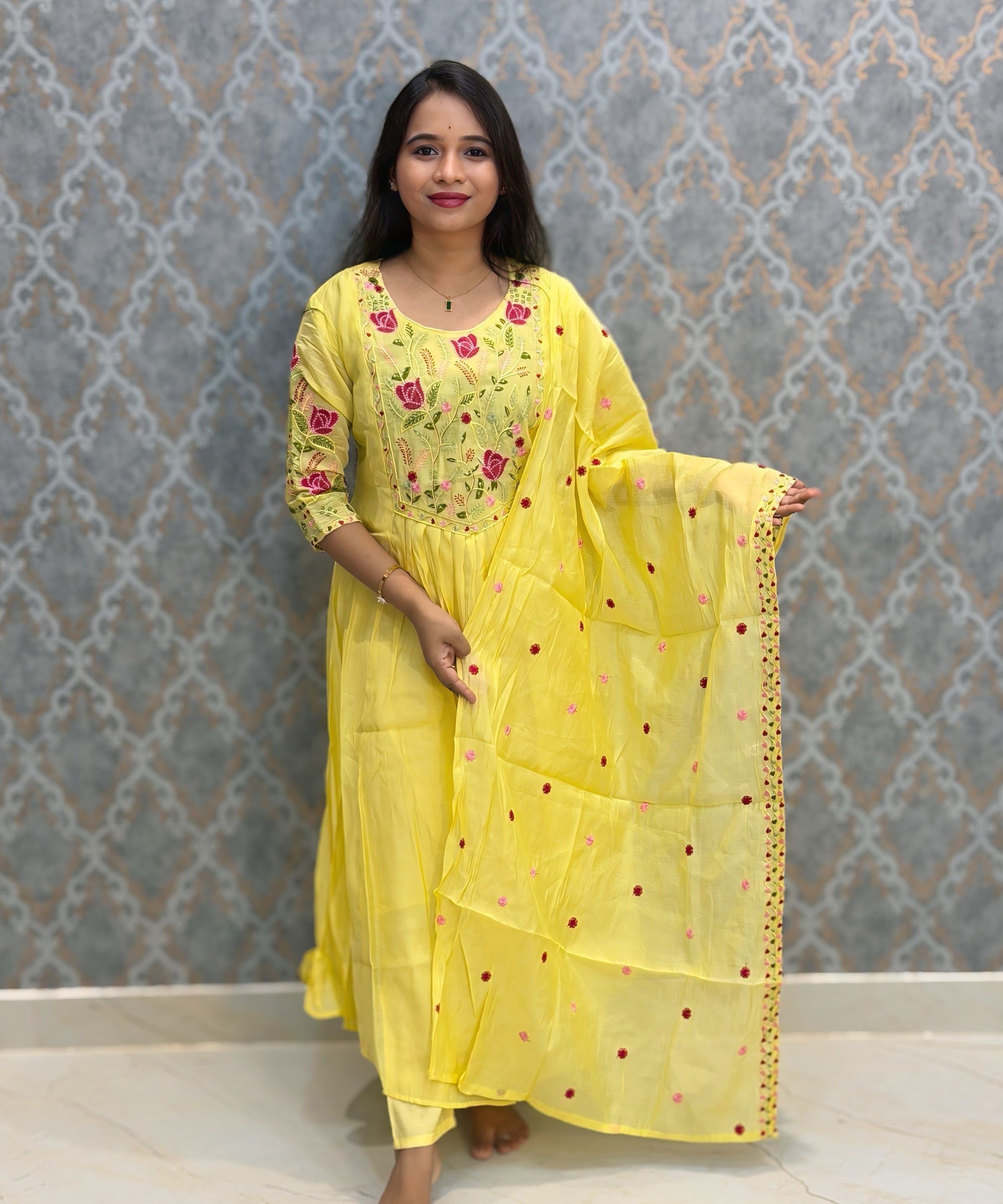 Yellow Color Premium Mul Chanderi Silk Embroidery 3 Piece Salwar Set with Lining /  ESS414