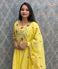 Yellow Color Premium Mul Chanderi Silk Embroidery 3 Piece Salwar Set with Lining /  ESS414