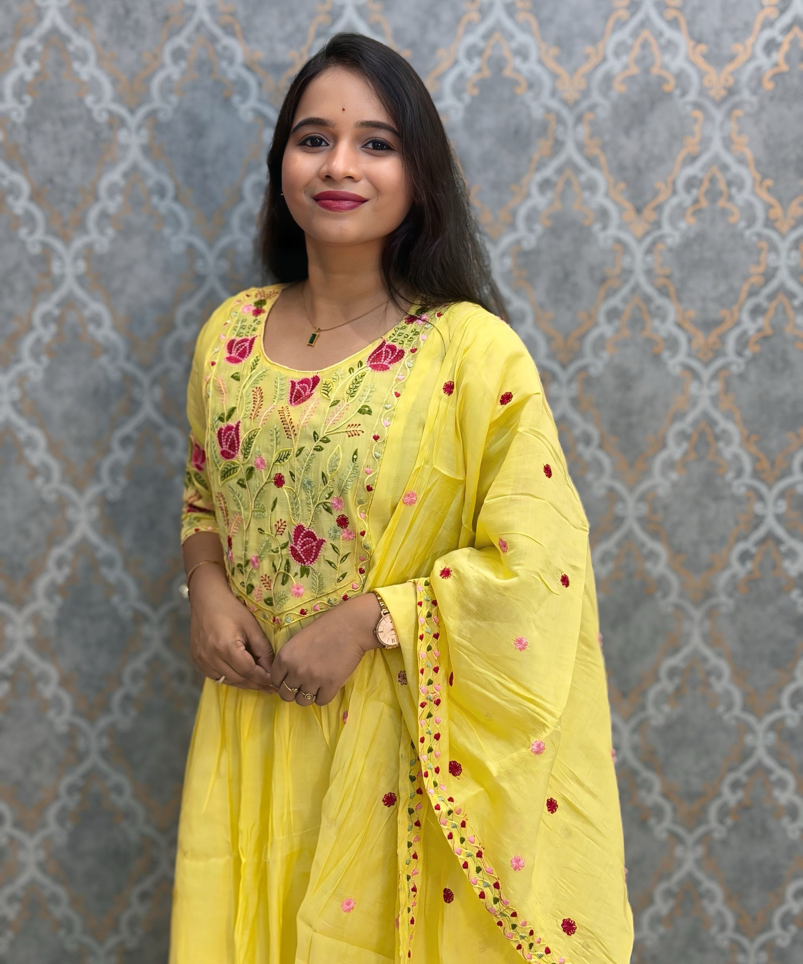 Yellow Color Premium Mul Chanderi Silk Embroidery 3 Piece Salwar Set with Lining /  ESS414