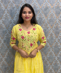 Yellow Color Premium Mul Chanderi Silk Embroidery 3 Piece Salwar Set with Lining /  ESS414