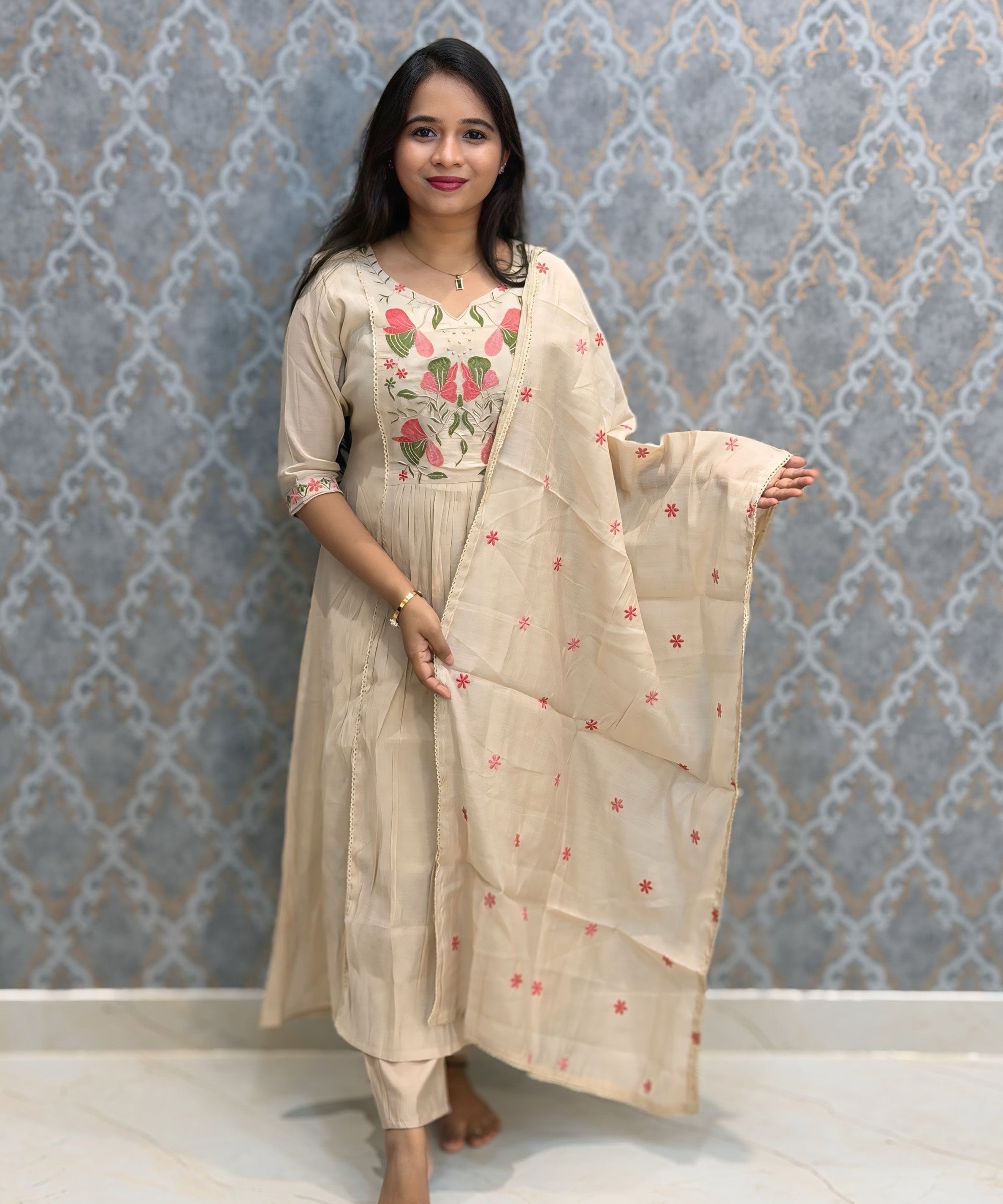 Cream Color Premium Mul Chanderi Silk Embroidery 3 Piece Salwar Set with Lining /  ESS414