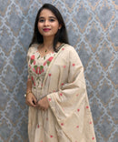 Cream Color Premium Mul Chanderi Silk Embroidery 3 Piece Salwar Set with Lining /  ESS414