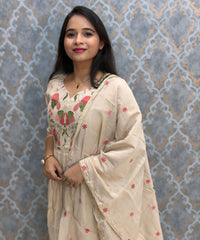 Cream Color Premium Mul Chanderi Silk Embroidery 3 Piece Salwar Set with Lining /  ESS414