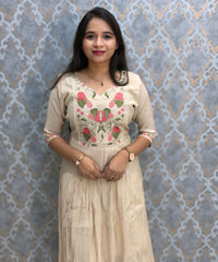 Cream Color Premium Mul Chanderi Silk Embroidery 3 Piece Salwar Set with Lining /  ESS414