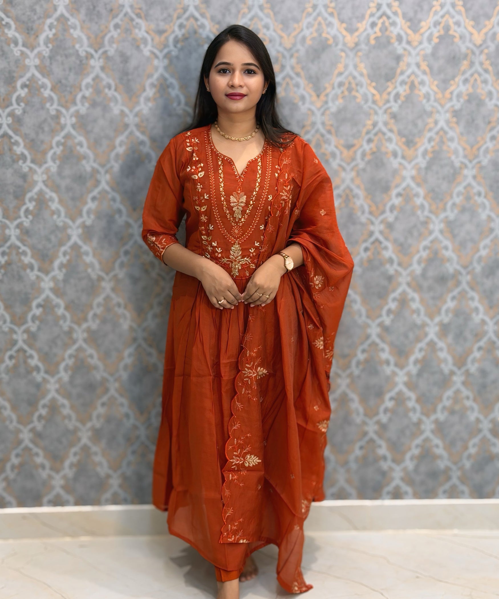 Rust Orange Color Premium Mul Chanderi Silk Ethnic 3 Piece Salwar Set with Lining /  ESS397