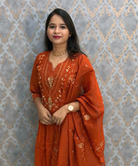 Rust Orange Color Premium Mul Chanderi Silk Ethnic 3 Piece Salwar Set with Lining /  ESS397