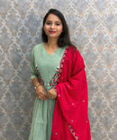 Light Green and Pink Color Premium Mul Chanderi Silk Ethnic 3 Piece Salwar Set with Lining /  ESS397