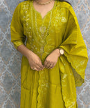 Mehandi Green Color Premium Mul Chanderi Silk Ethnic 3 Piece Salwar Set with Lining /  ESS397