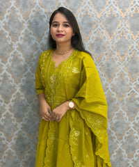 Mehandi Green Color Premium Mul Chanderi Silk Ethnic 3 Piece Salwar Set with Lining /  ESS397