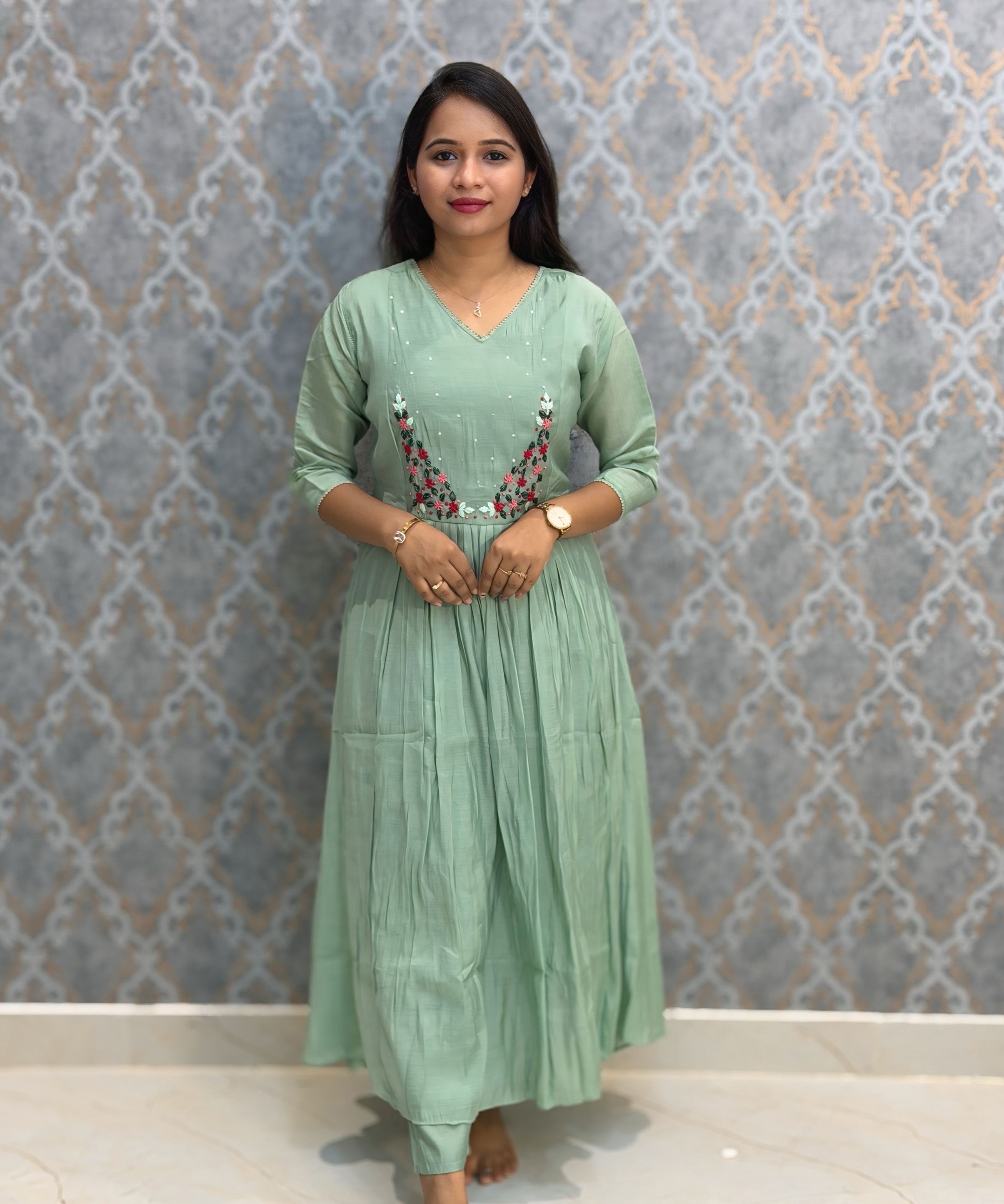 Light Green and Pink Color Premium Mul Chanderi Silk Ethnic 3 Piece Salwar Set with Lining /  ESS397