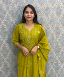 Mehandi Green Color Premium Mul Chanderi Silk Ethnic 3 Piece Salwar Set with Lining /  ESS397