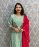Light Green and Pink Color Premium Mul Chanderi Silk Ethnic 3 Piece Salwar Set with Lining /  ESS397