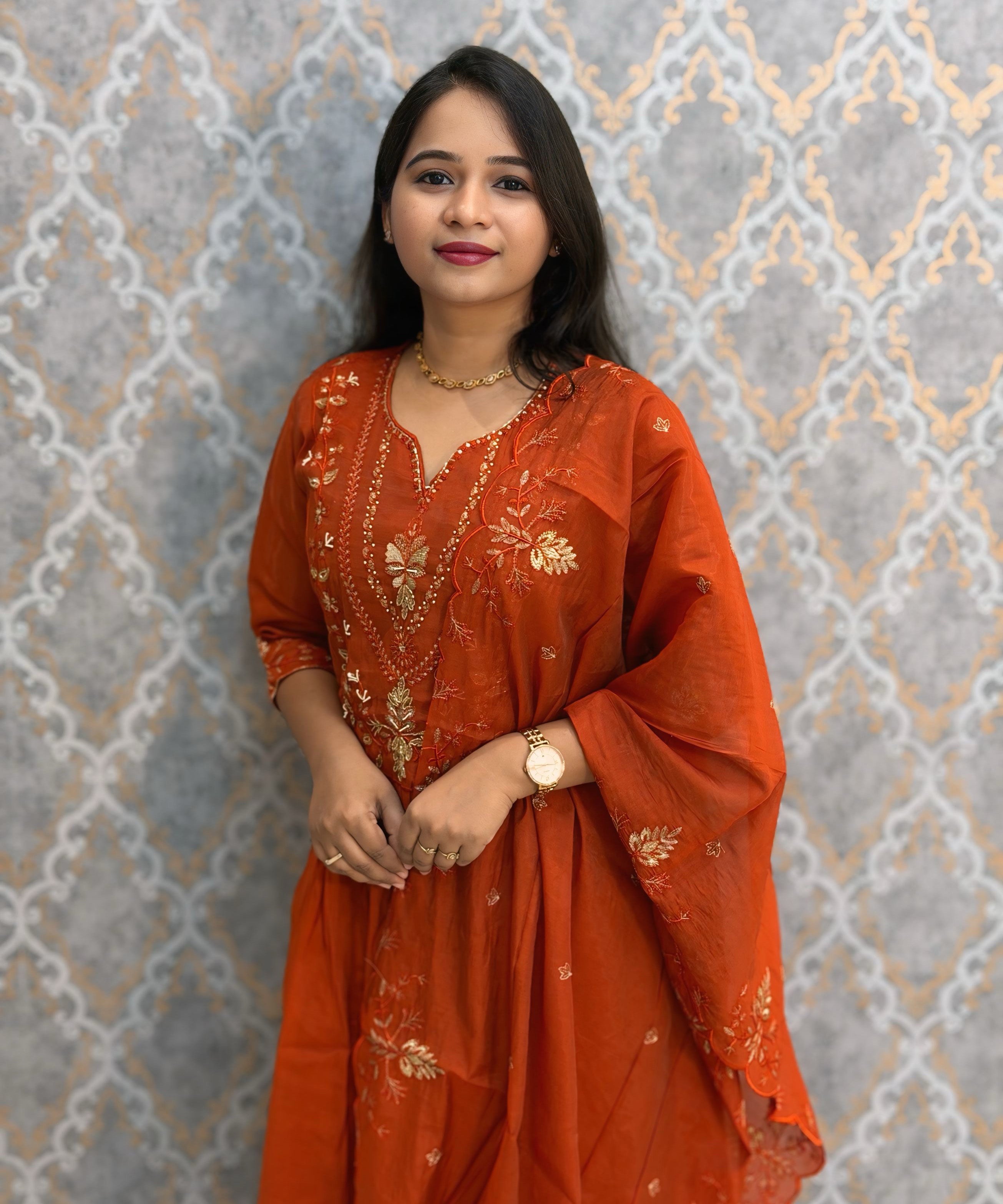 Rust Orange Color Premium Mul Chanderi Silk Ethnic 3 Piece Salwar Set with Lining /  ESS397