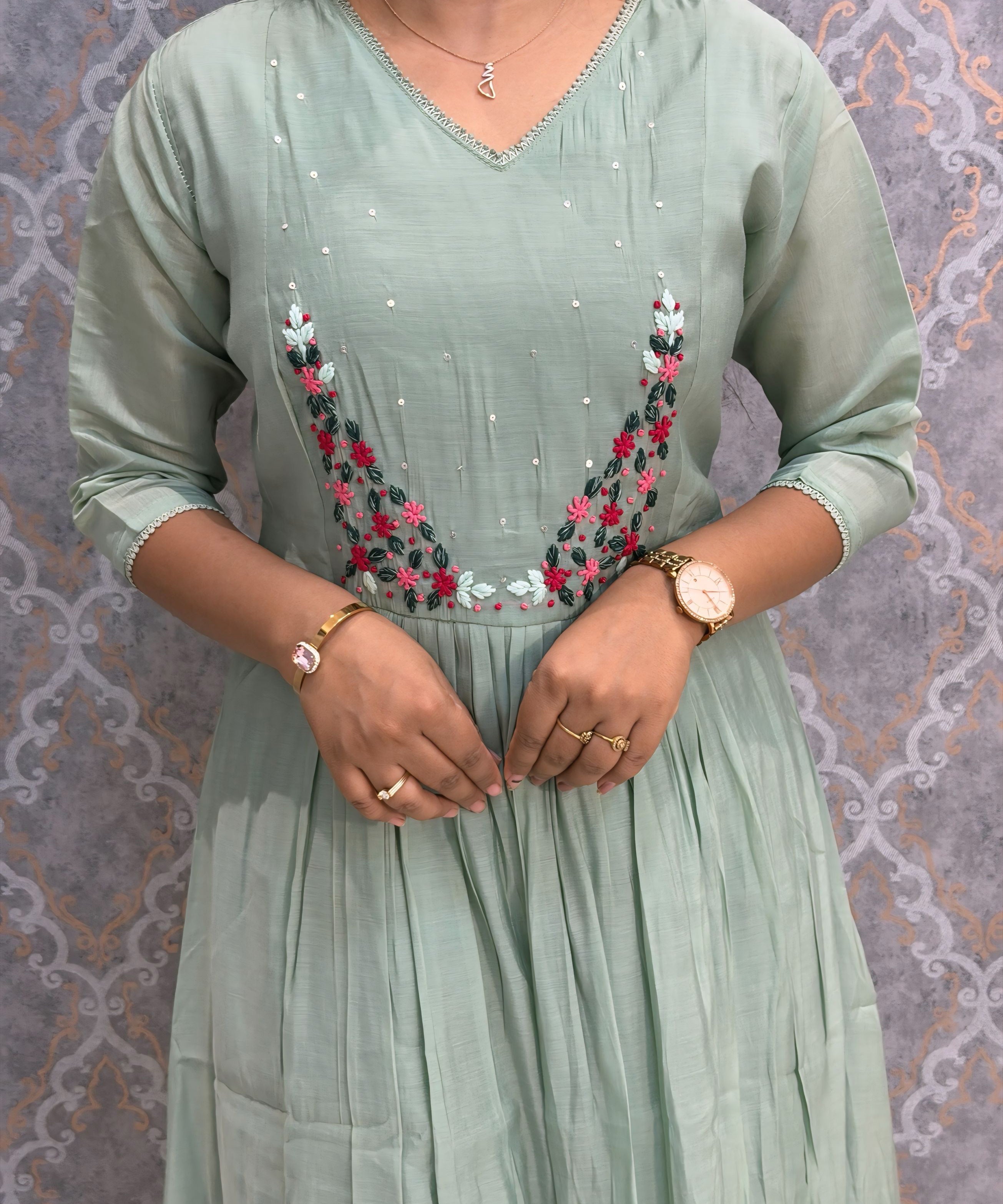 Light Green and Pink Color Premium Mul Chanderi Silk Ethnic 3 Piece Salwar Set with Lining /  ESS397