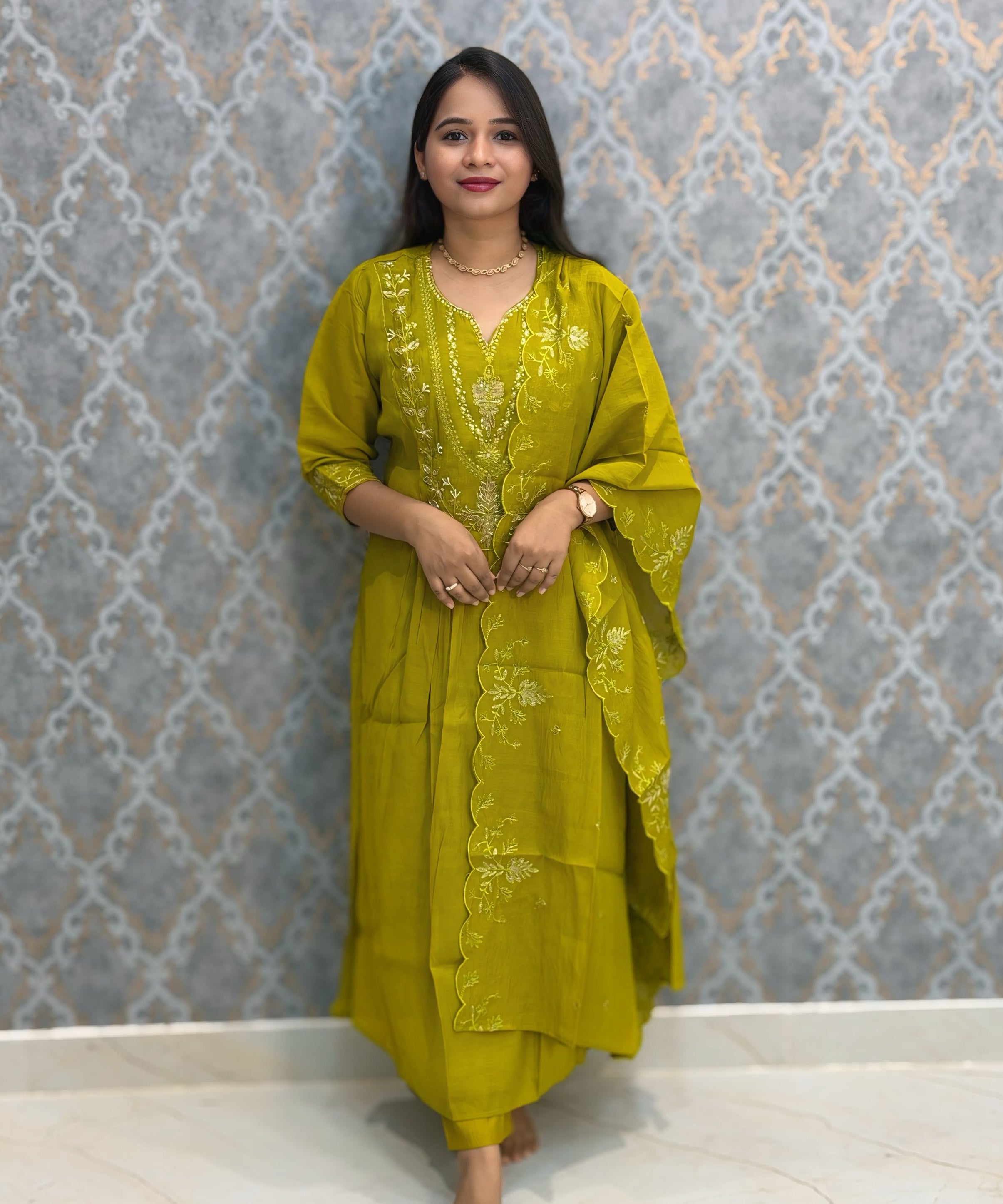 Mehandi Green Color Premium Mul Chanderi Silk Ethnic 3 Piece Salwar Set with Lining /  ESS397