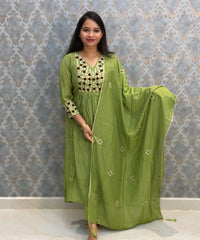 Green and Maroon Color Premium Mul Chanderi Silk Ethnic 3 Piece Salwar Set with Lining /  ESS397
