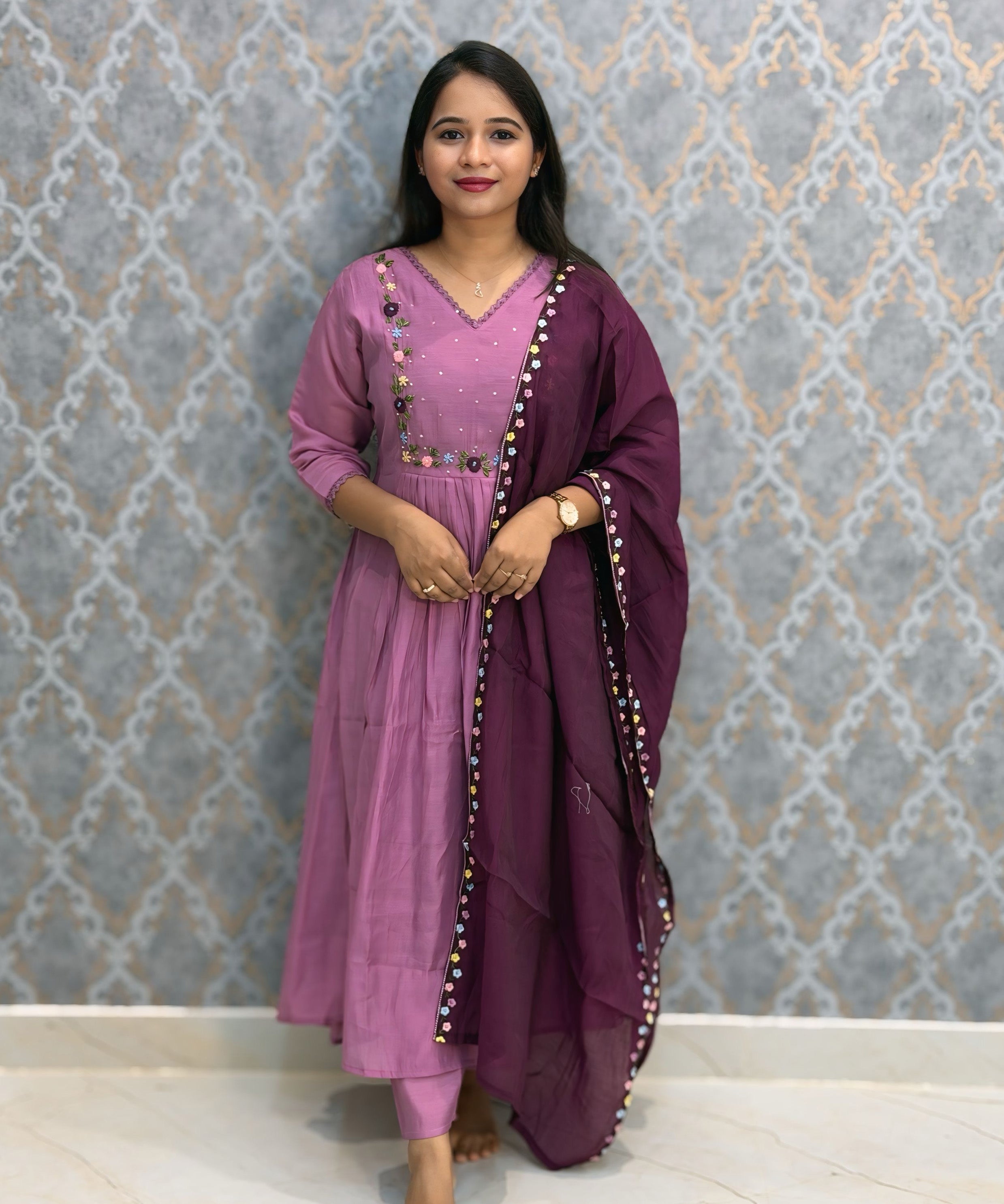 Lavender and Purple Color Premium Mul Chanderi Silk Ethnic 3 Piece Salwar Set with Lining /  ESS397