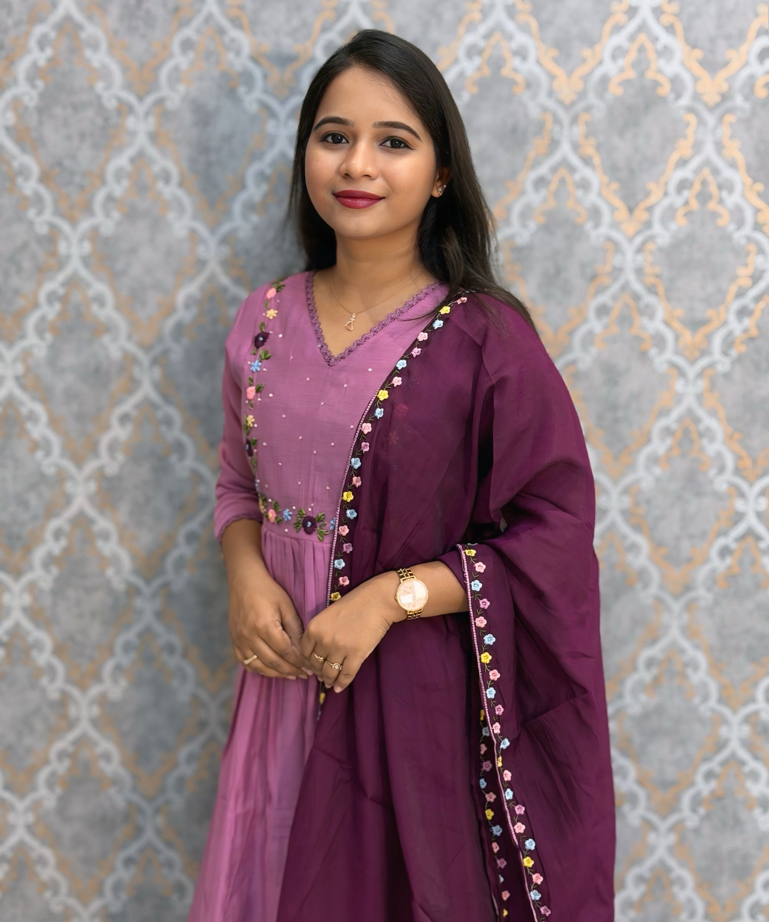 Lavender and Purple Color Premium Mul Chanderi Silk Ethnic 3 Piece Salwar Set with Lining /  ESS397