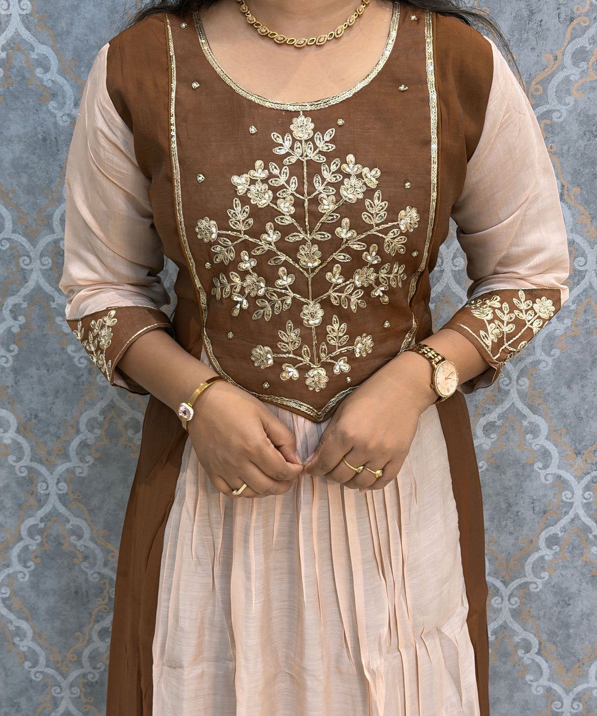 Brown with Beige Color Premium Mul Chanderi Silk Ethnic 3 Piece Salwar Set with Lining /  ESS425