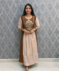 Brown with Beige Color Premium Mul Chanderi Silk Ethnic 3 Piece Salwar Set with Lining /  ESS425