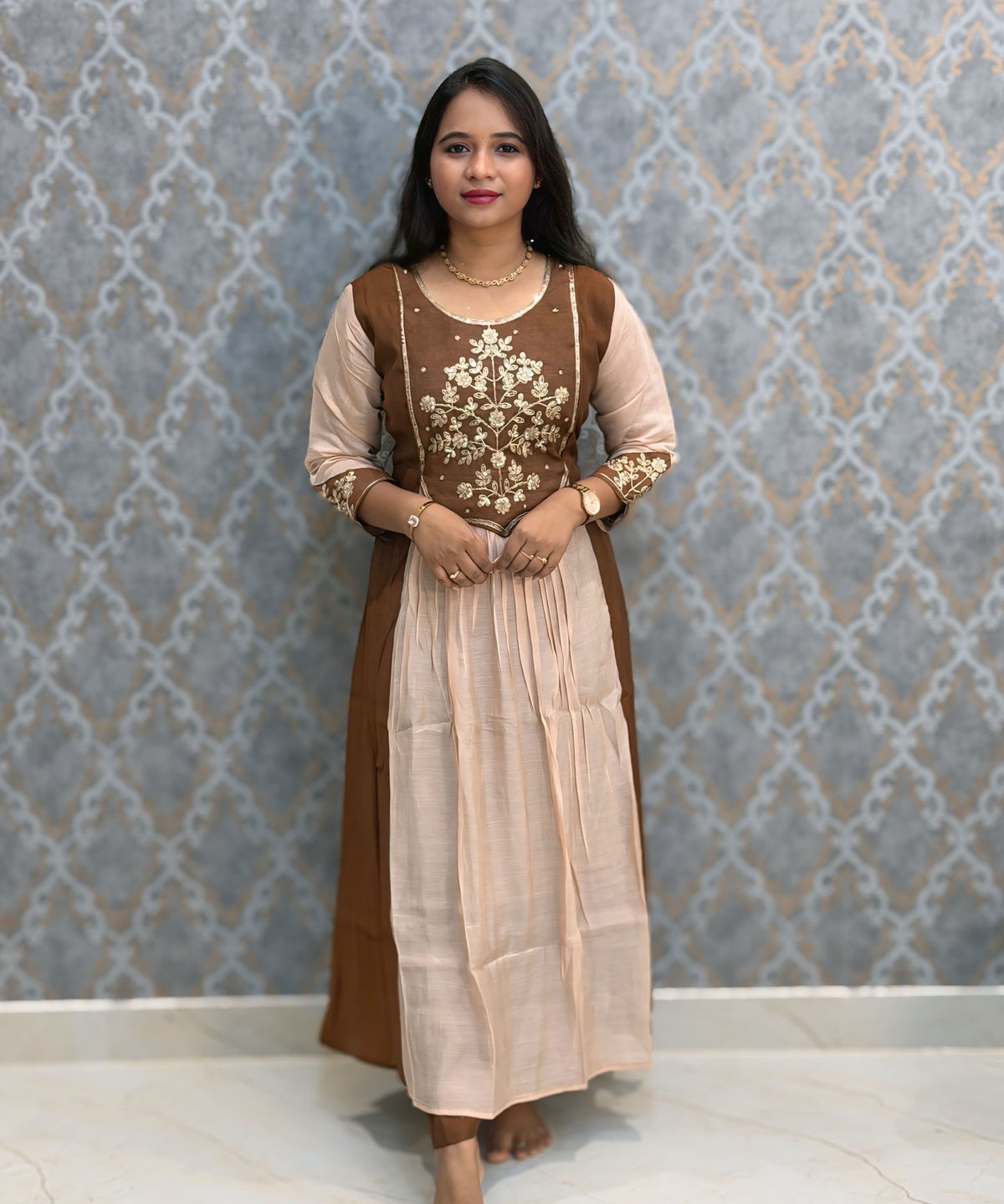 Brown with Beige Color Premium Mul Chanderi Silk Ethnic 3 Piece Salwar Set with Lining /  ESS425