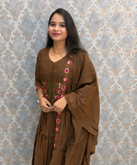Brown Color Premium Mul Chanderi Silk Ethnic 3 Piece Salwar Set with Lining /  ESS425