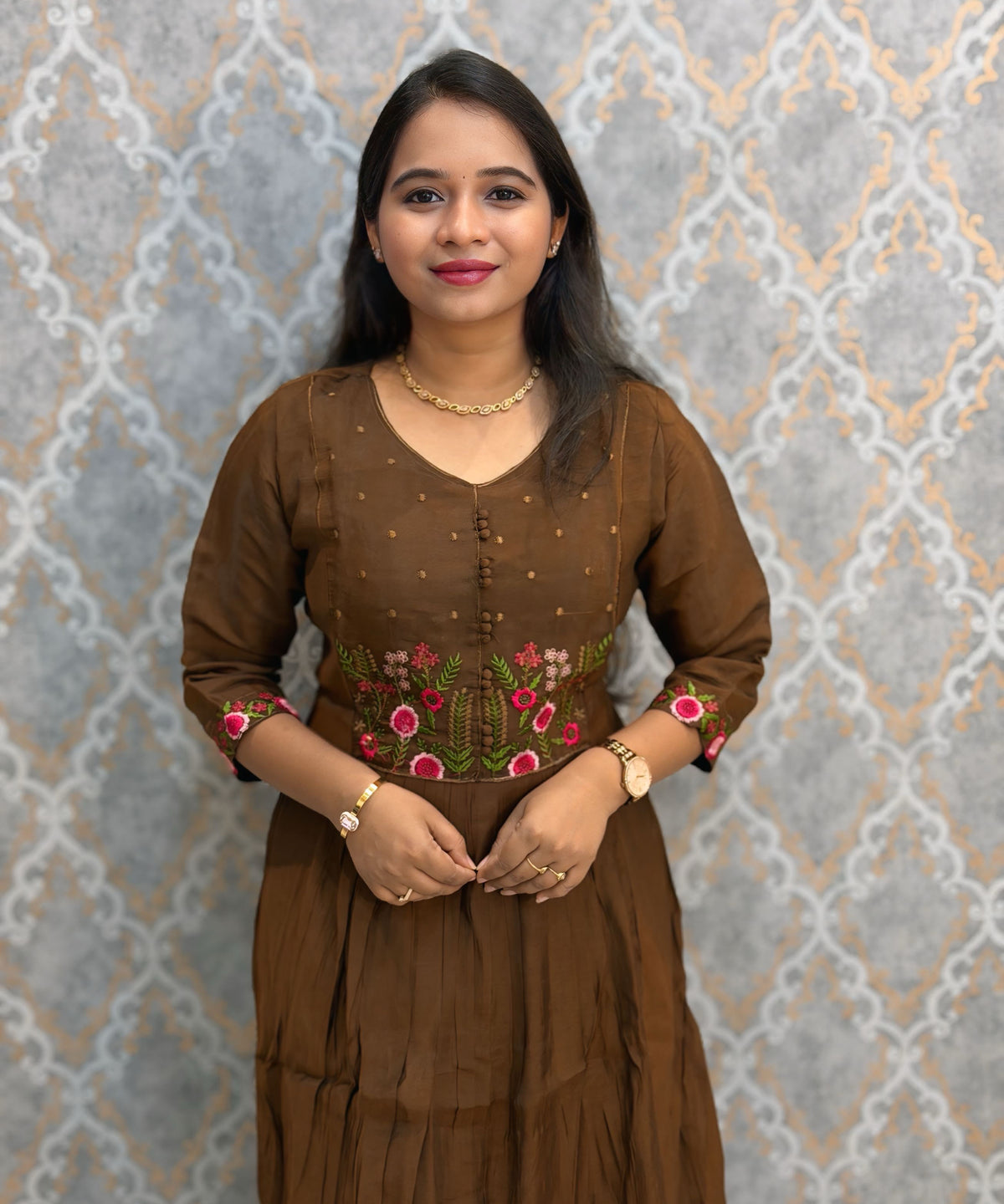 Brown Color Premium Mul Chanderi Silk Ethnic 3 Piece Salwar Set with Lining /  ESS425