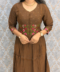 Brown Color Premium Mul Chanderi Silk Ethnic 3 Piece Salwar Set with Lining /  ESS425