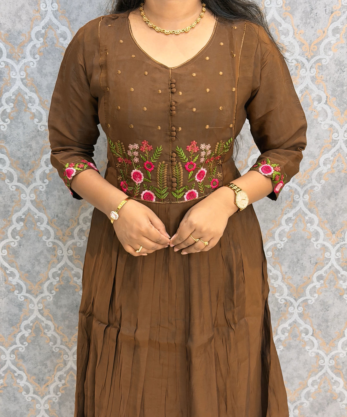 Brown Color Premium Mul Chanderi Silk Ethnic 3 Piece Salwar Set with Lining /  ESS425