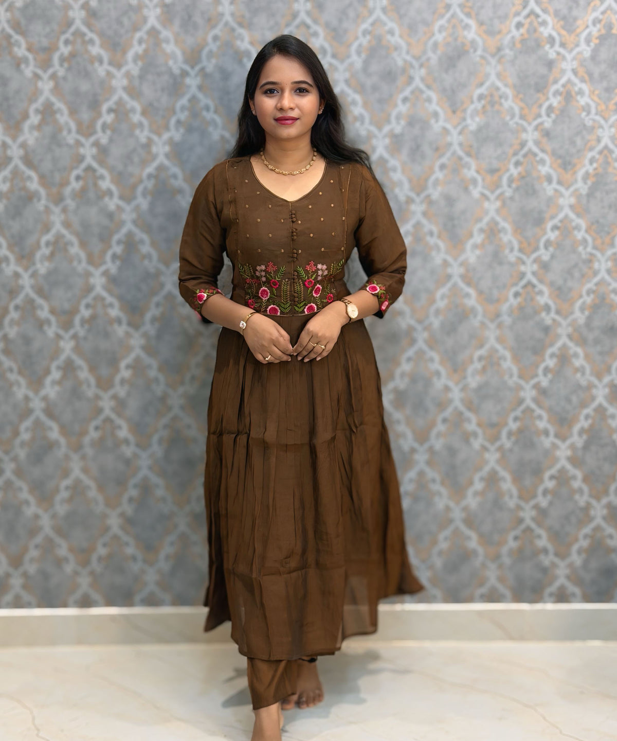 Brown Color Premium Mul Chanderi Silk Ethnic 3 Piece Salwar Set with Lining /  ESS425