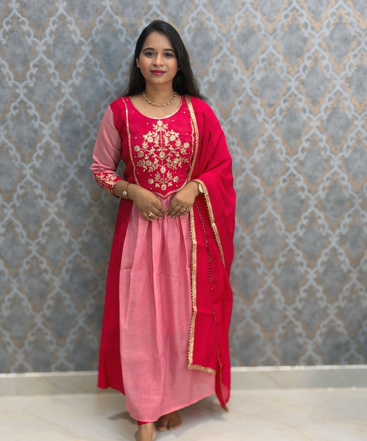 Pink Color Premium Mul Chanderi Silk Ethnic 3 Piece Salwar Set with Lining /  ESS425
