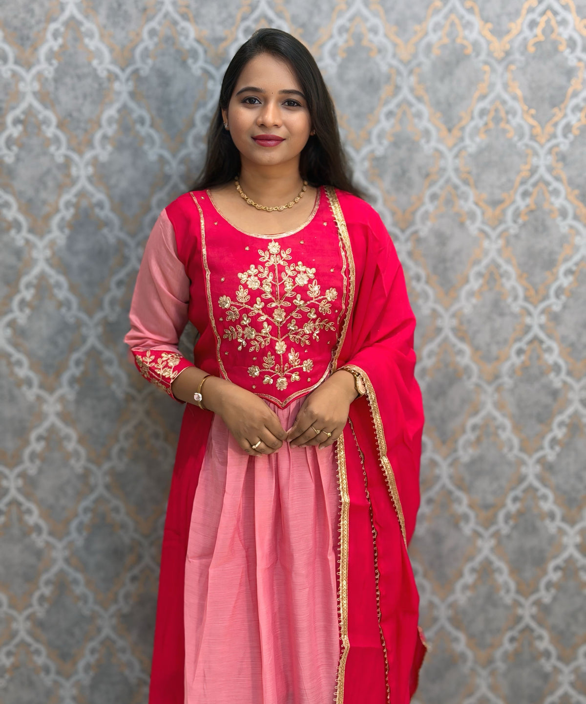 Pink Color Premium Mul Chanderi Silk Ethnic 3 Piece Salwar Set with Lining /  ESS425