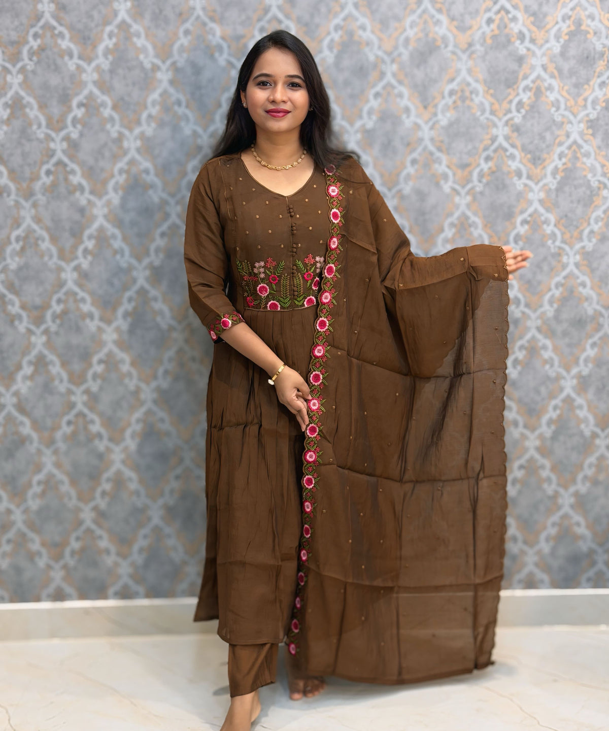 Brown Color Premium Mul Chanderi Silk Ethnic 3 Piece Salwar Set with Lining /  ESS425