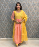 Yellow and Pink Color Premium Mul Chanderi Silk Ethnic 3 Piece Salwar Set with Lining /  ESS425