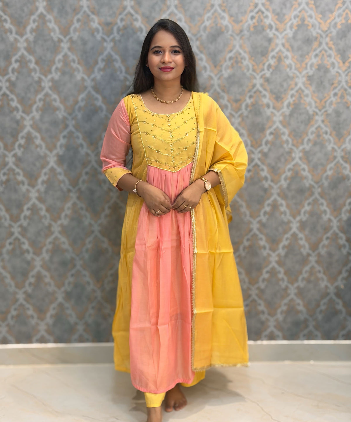 Yellow and Pink Color Premium Mul Chanderi Silk Ethnic 3 Piece Salwar Set with Lining /  ESS425