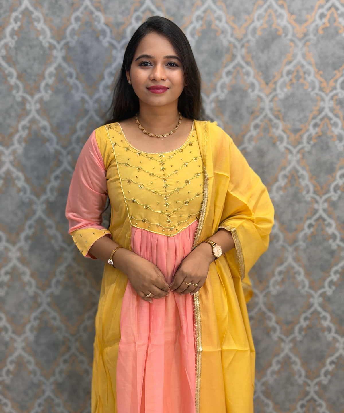 Yellow and Pink Color Premium Mul Chanderi Silk Ethnic 3 Piece Salwar Set with Lining /  ESS425