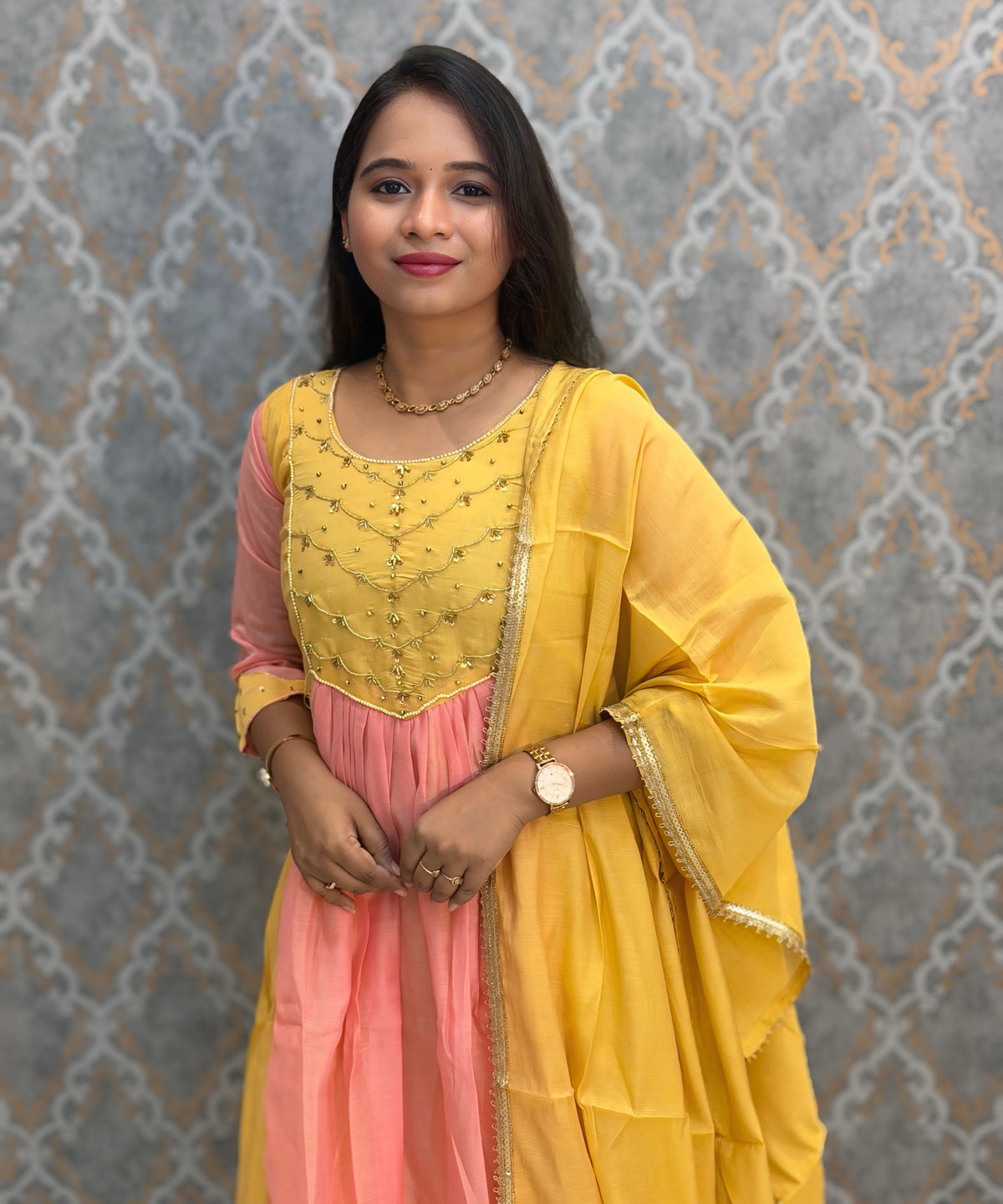 Yellow and Pink Color Premium Mul Chanderi Silk Ethnic 3 Piece Salwar Set with Lining /  ESS425