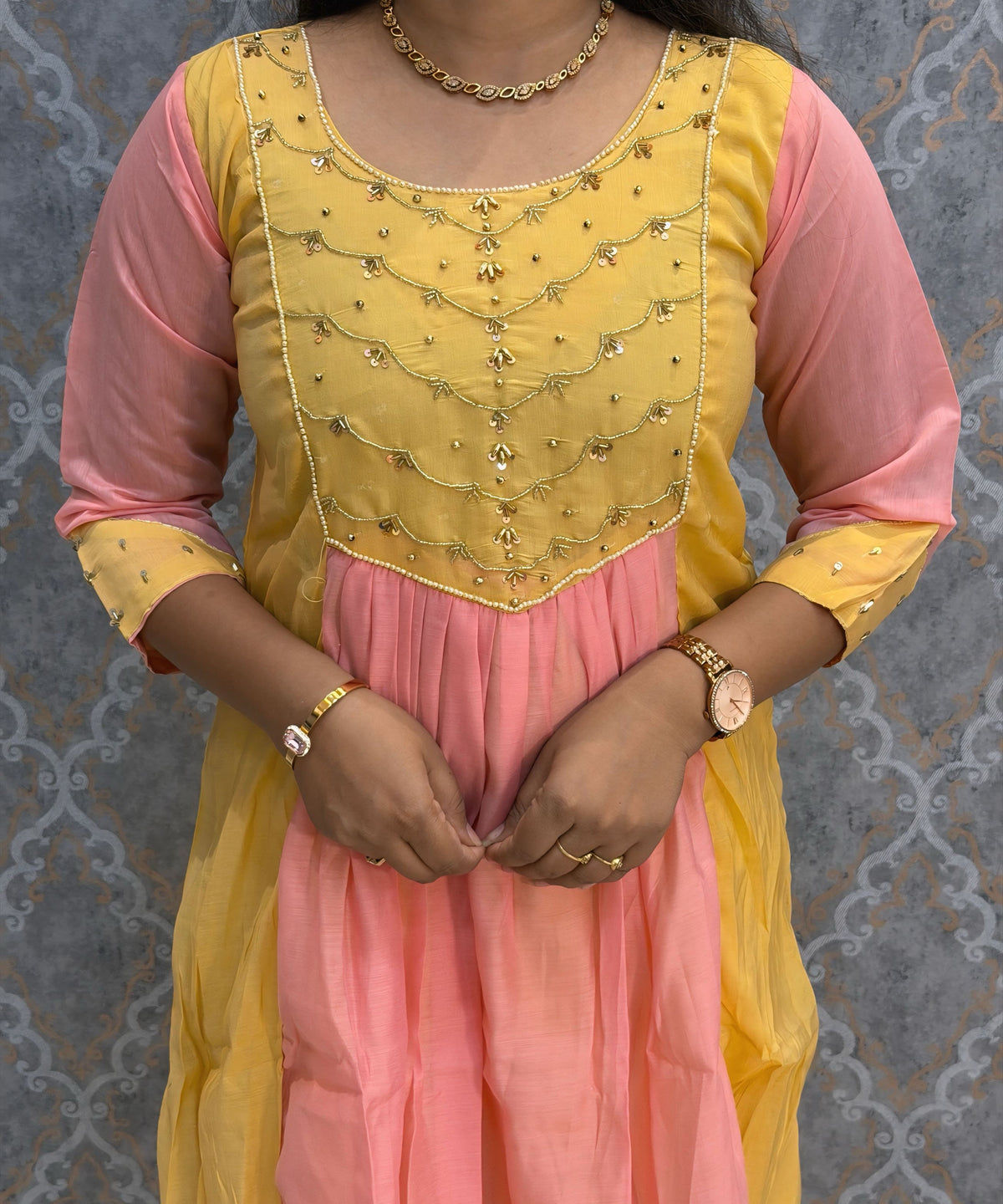 Yellow and Pink Color Premium Mul Chanderi Silk Ethnic 3 Piece Salwar Set with Lining /  ESS425