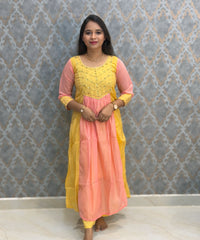 Yellow and Pink Color Premium Mul Chanderi Silk Ethnic 3 Piece Salwar Set with Lining /  ESS425