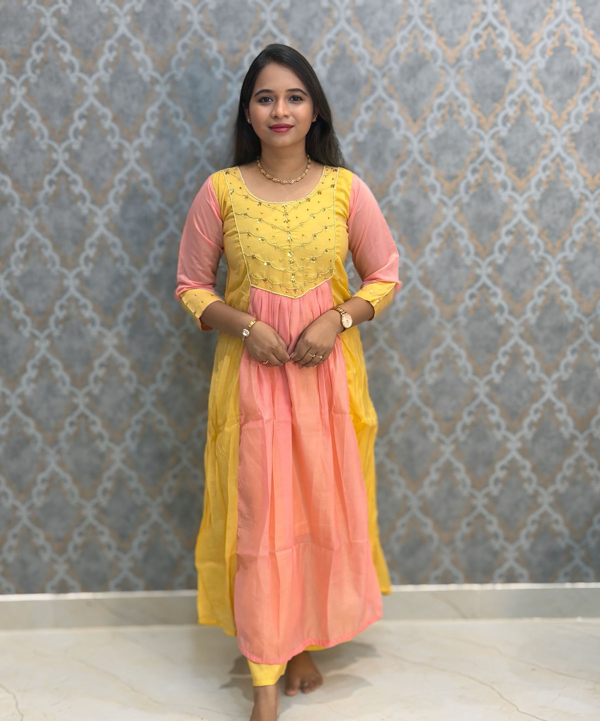 Yellow and Pink Color Premium Mul Chanderi Silk Ethnic 3 Piece Salwar Set with Lining /  ESS425