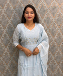 Light Blue Color Premium Mul Chanderi Silk Ethnic 3 Piece Salwar Set with Lining /  ESS425