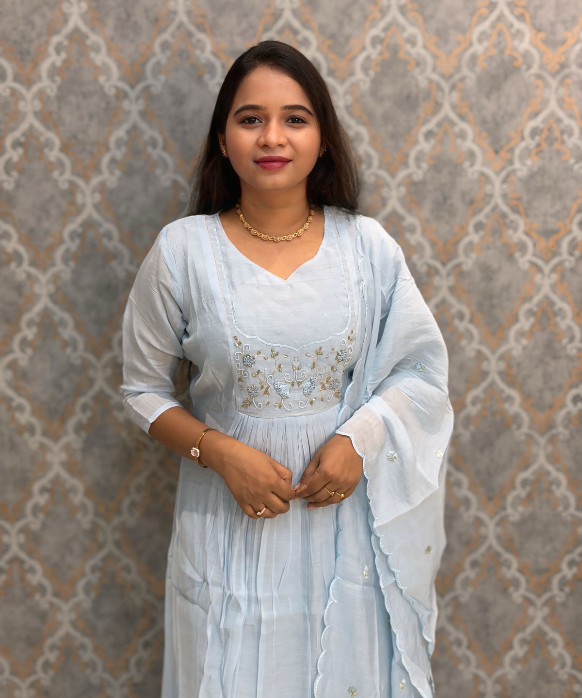 Light Blue Color Premium Mul Chanderi Silk Ethnic 3 Piece Salwar Set with Lining /  ESS425