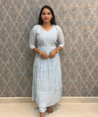 Light Blue Color Premium Mul Chanderi Silk Ethnic 3 Piece Salwar Set with Lining /  ESS425