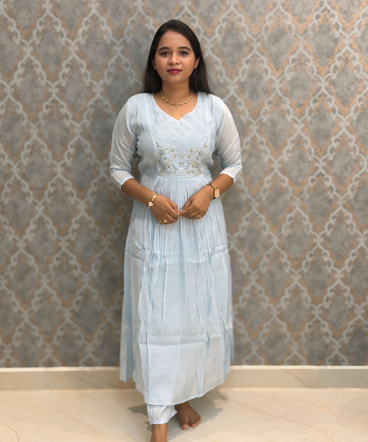Light Blue Color Premium Mul Chanderi Silk Ethnic 3 Piece Salwar Set with Lining /  ESS425