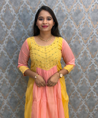 Yellow and Pink Color Premium Mul Chanderi Silk Ethnic 3 Piece Salwar Set with Lining /  ESS425