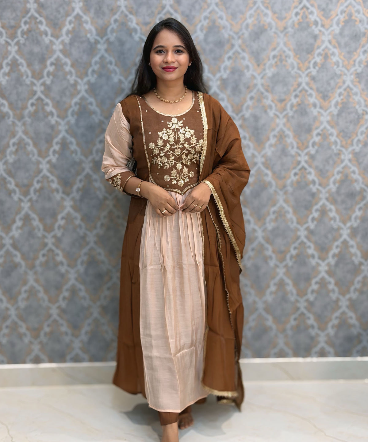 Brown with Beige Color Premium Mul Chanderi Silk Ethnic 3 Piece Salwar Set with Lining /  ESS425