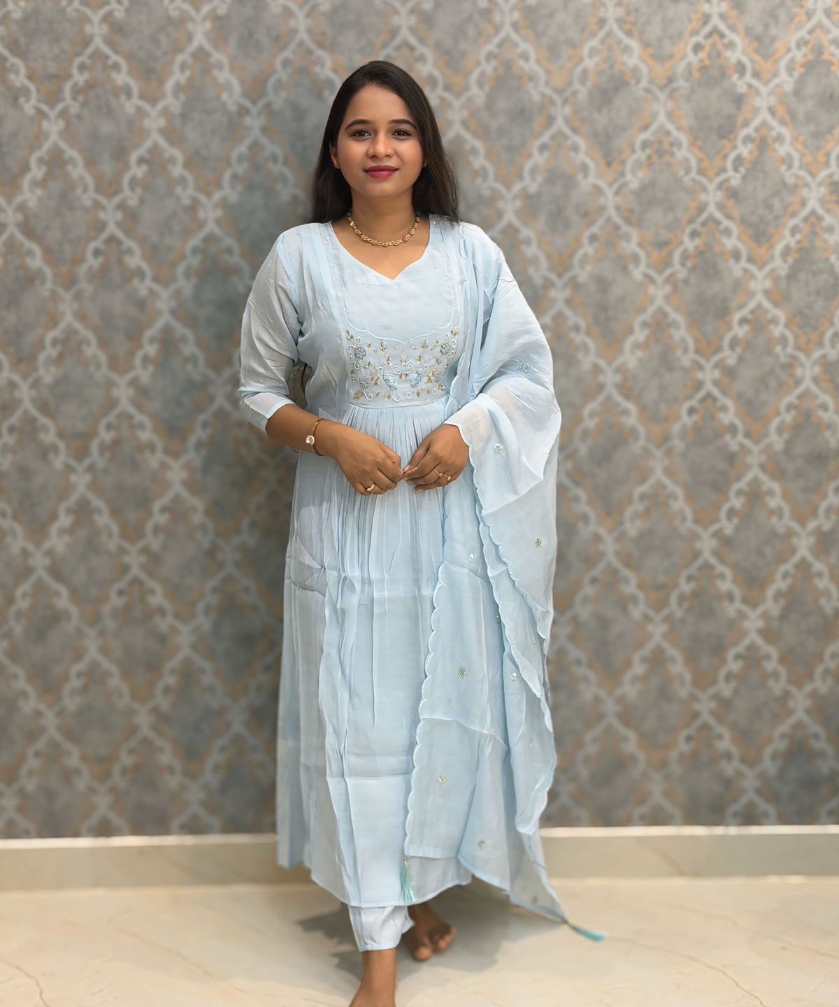 Light Blue Color Premium Mul Chanderi Silk Ethnic 3 Piece Salwar Set with Lining /  ESS425
