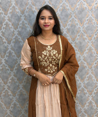 Brown with Beige Color Premium Mul Chanderi Silk Ethnic 3 Piece Salwar Set with Lining /  ESS425