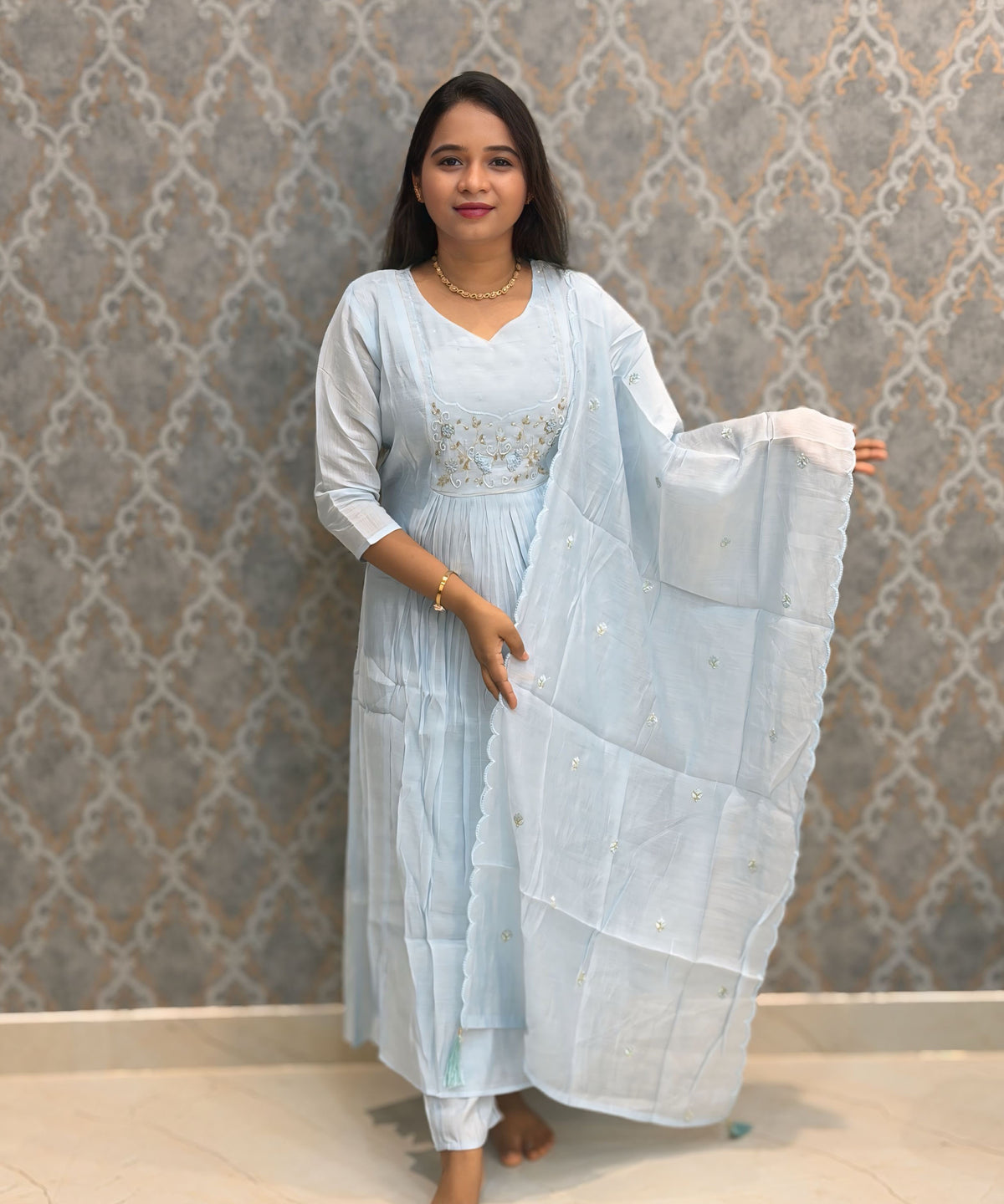 Light Blue Color Premium Mul Chanderi Silk Ethnic 3 Piece Salwar Set with Lining /  ESS425